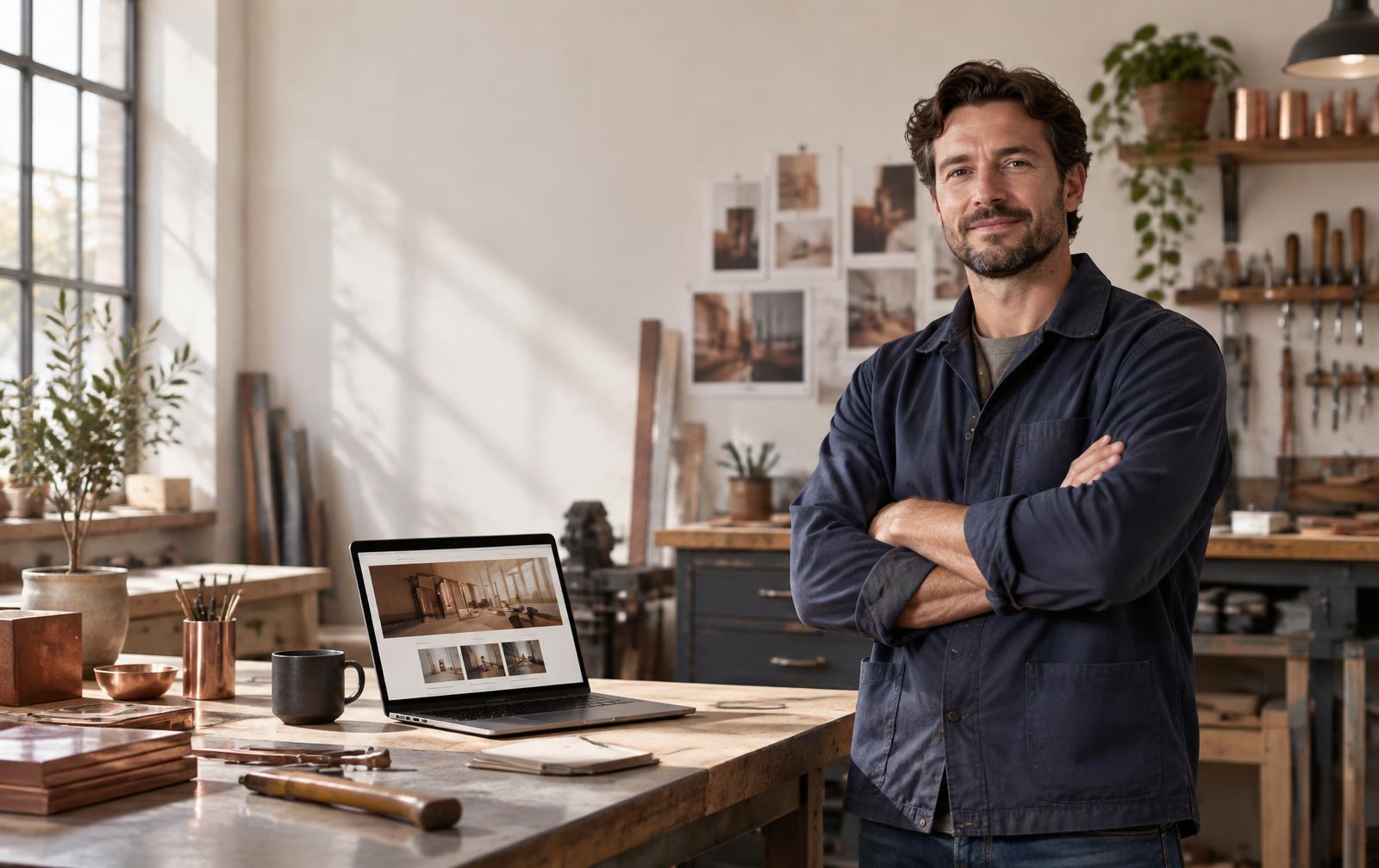 Artisan dans son atelier avec son nouveau site professionnel